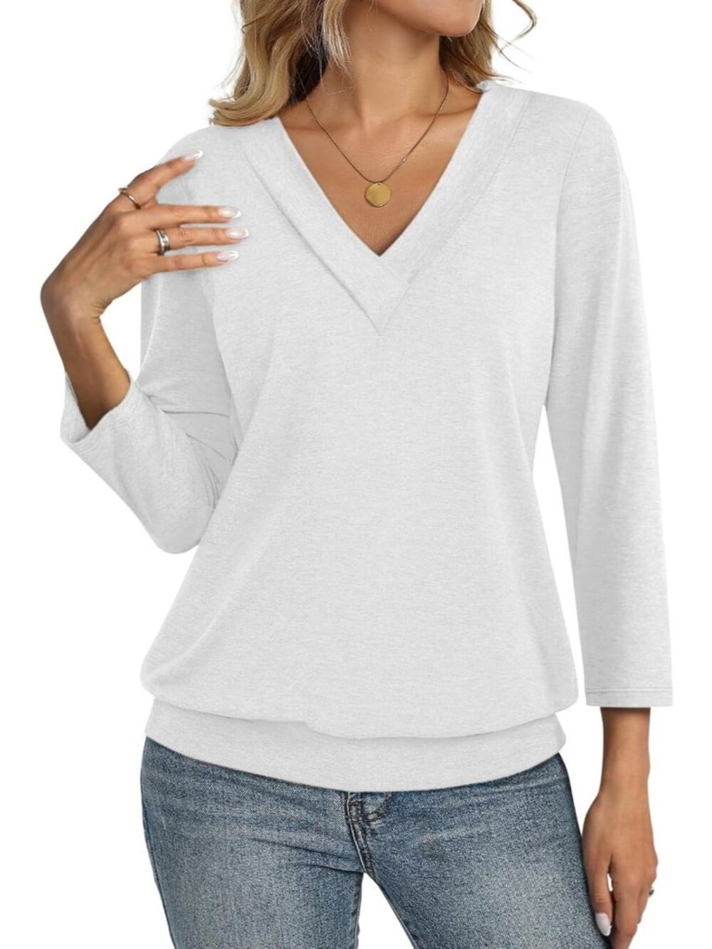 Women's White V Neck Cotton Banded Bottom 3/4 Sleeve Shirt Summer Casual Blouses